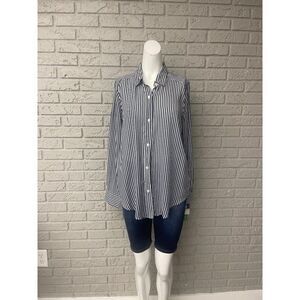 Liz Claiborne Navy White Stripe Long Sleeve Button Up Shirt M NWT